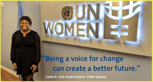Faith standing in front of UN Women sign.
