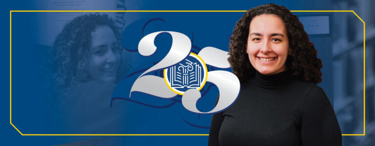 The banner shows Nicole as a high school student on the left and as an adult on the right. There is a silver 25 in the middle of the banner in honor of SL Network's 25th anniversary.