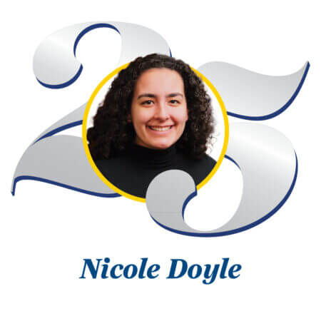 Silver number 25 with headshot of alumna Nicole Doyle in a circle between the 2 numeral and the 5 numeral