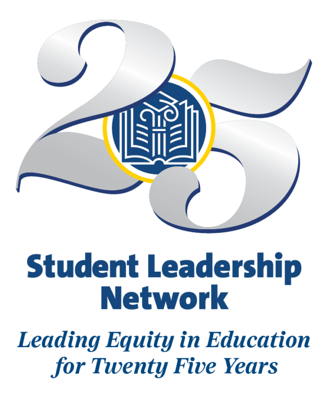 Silver 25 with SL Network crest between the 2 and 5 above the words Student Leadership Network, Leading equity in education for 25 years