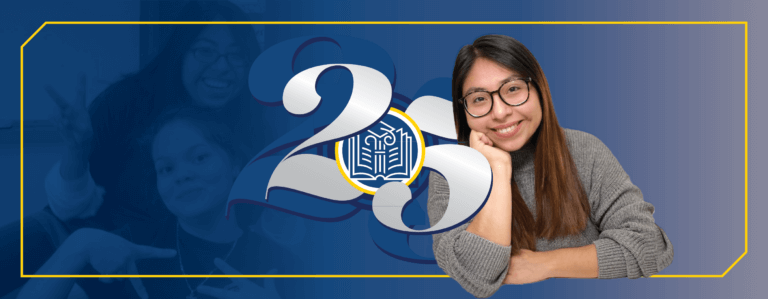 A stylized blue banner that shows Janet on the left when she was in high school. On the right, is a current headshot of Janet.