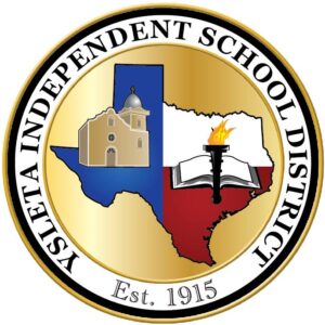 YISD logo - outline of Texas in red, white and blue with a school building and open text book on top.