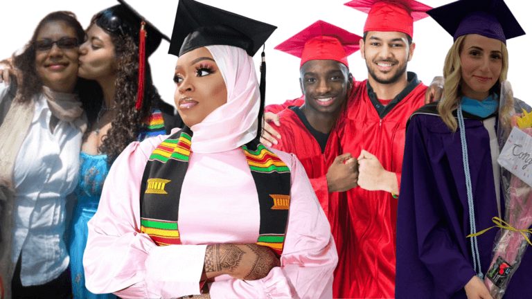 A group of graduates assembled in a stylized collage.