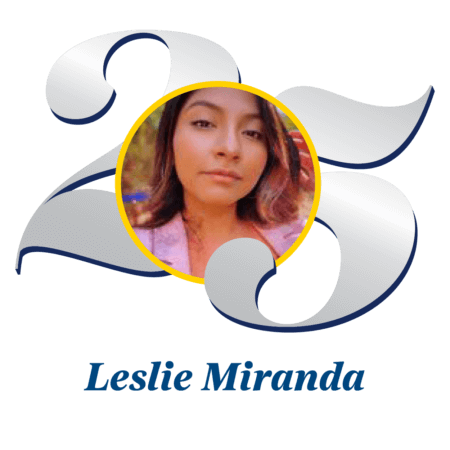 Leslie Miranda's headshot is nestled in between a 2 and 5 to represent our 25 years!