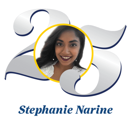 Stephanie's headshot is seen within a yellow circle that is being hugged by the number 25 which is in honor of our 25th anniversary.