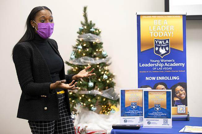Whitney McIntosh, founding principal at Young Womens Leadership Academy of Las Vegas, speaks during an open house meeting.