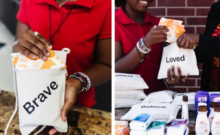 Student packs feminine hygiene kits as part of her community service project.