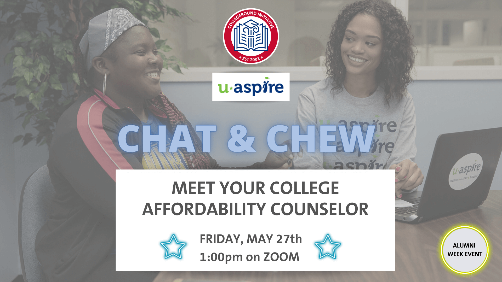 uAspire Chat and Chew on Friday, May 27 at 1pm on ZOOM.