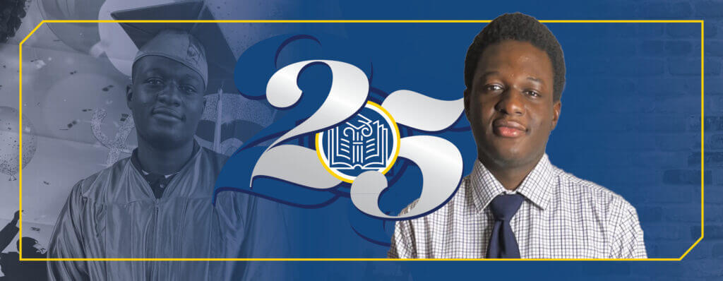 A stylized banner that shows Kelvin in high school on the left and a current picture on the right.