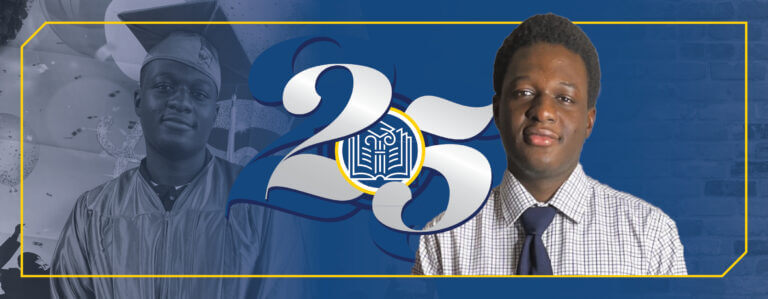 A stylized banner that shows Kelvin in high school on the left and a current picture on the right.