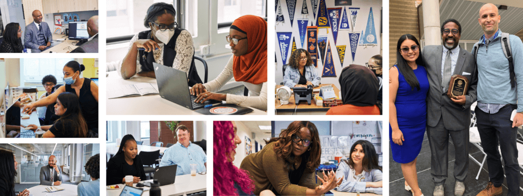 An arrangement of pictures of SL Network staff working at schools and in the central office. 