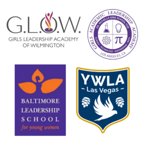 Logos from four of our affiliate schools: GLOW, YWLA, GALA, and BLSYW.