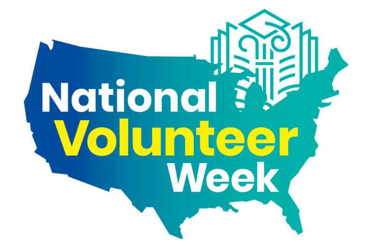 National Volunteer Week written across a map of the US with the SL Network gradbook in the background