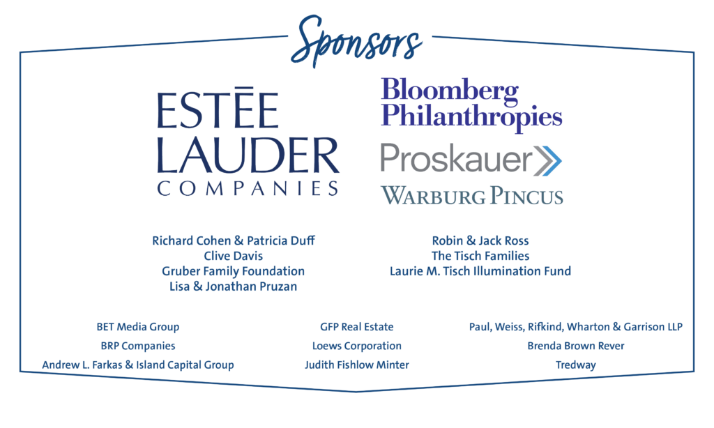 Sponsors include Estee Lauder Companies, Bloomberg Philanthropies, Proskauer, and Warburg Pincus
