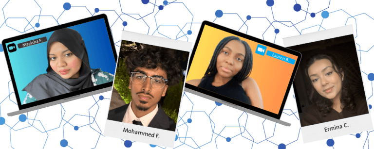 Four college students' photos set inside laptop or Polaroid photo frames