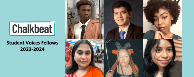 Six students on right, with title text "Chalkbeat Student Voices Fellows 2023-2024"