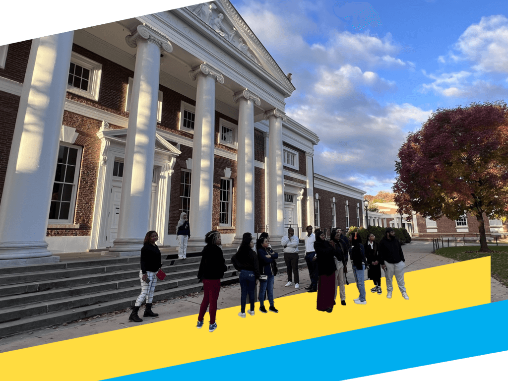 High school students and their parents and guardians tour University of Virginia as part of the college trip experience.