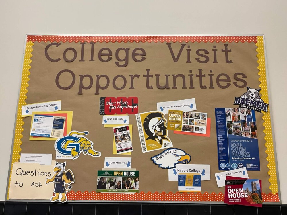 Bulletin board titled "College Visit Opportunities" with images of college logos and open house dates