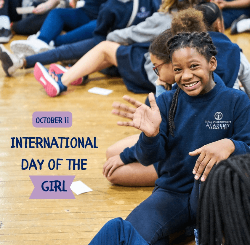 Girl in school uniform waves at camera, with text on left "October 11 International Day of the Girl"