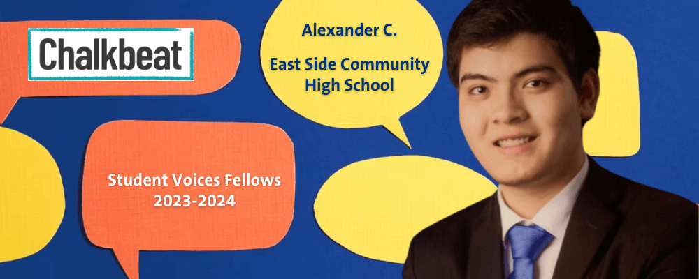 Teenage boy in suit and tie, with text "Chalkbeat Student Voices Fellows 2023-2024" and his name and high school on left