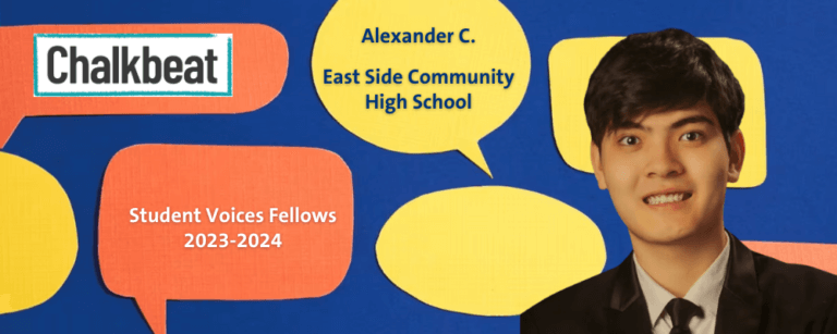 Male high school senior in a black suit jacket and tie, with "Chalkbeat" logo on upper left and high school information in speech bubble