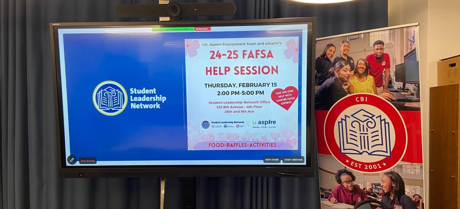 TV screen with Student Leadership Network and FAFSA Help Session on a slide