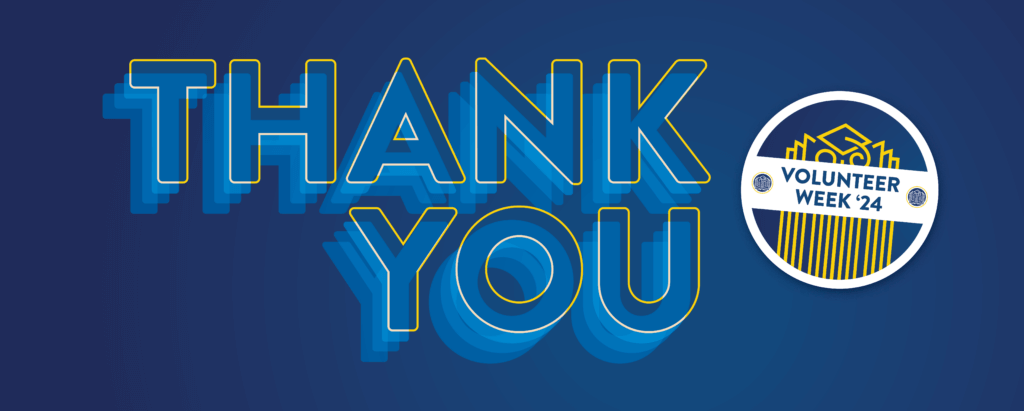 Yellow and blue "Thank You" text next to a circular cap and gown motif for Volunteer Appreciation Week