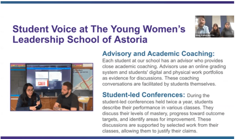 Presentation slide with photo of student and teacher, plus title "Student Voice at The Young Women's Leadership School of Astoria"
