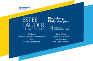 Event sponsor logos include Estee Lauder Companies, Bloomberg Philanthropies, and the Laurie M. Tisch Illumination Fund
