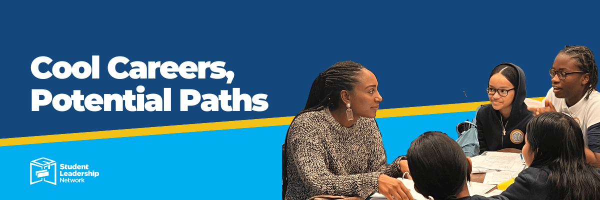 Group of adults and young students are talking with animated expressions, next to event name text "Cool Careers, Potential Paths"