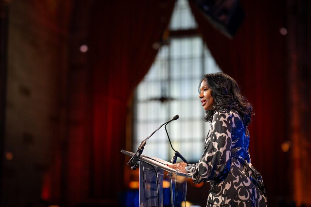 CEO Yolonda Marshall speaks at podium