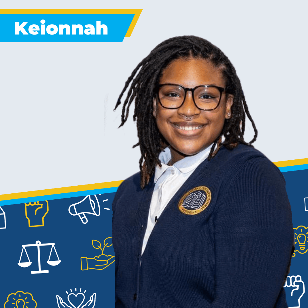 A student wearing her school uniform is facing front and smiling, with colorful icons in the background and name "Keionnah" on the upper right.