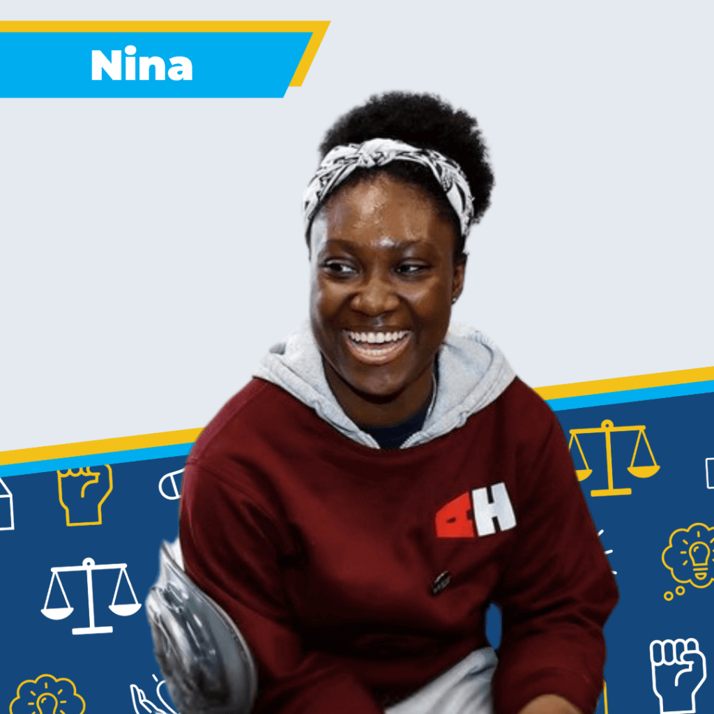 A student wearing a red shirt is facing front and smiling, with colorful icons in the background and name "Nina" on the upper left.