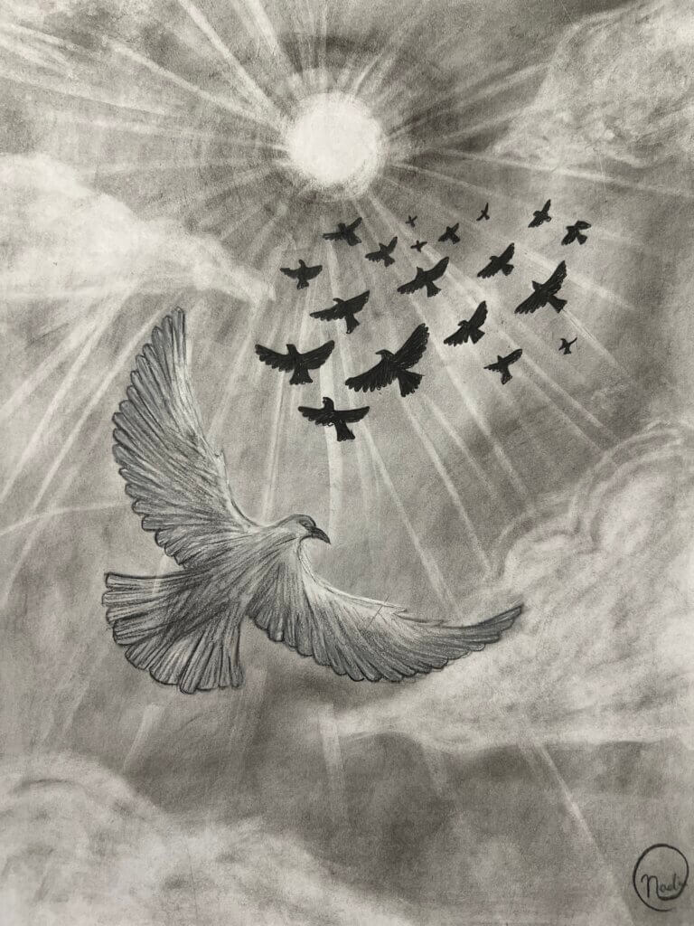 Drawing of a large bird with wings outspread, underneath a flock of smaller birds soaring into the sun, with clouds surrounding them