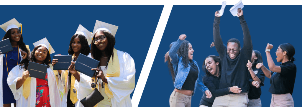 A group of graduates in caps and gowns hold diplomas on the left, while a group of people on the right celebrate and cheer, holding up certificates—showcasing the impact of equalizing education for all.