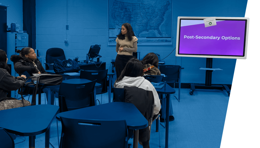 A member of our College Access Services team stands at the front of a classroom presenting a slide titled Post-Secondary Options, offering college consulting tips to students seated at desks.