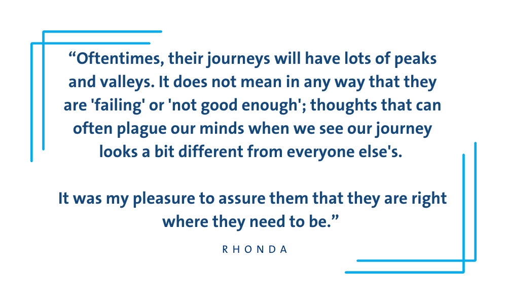 Quote graphic about normalizing that students' college journeys may have highs and lows and that is normal, it does not mean anyone is not good enough.