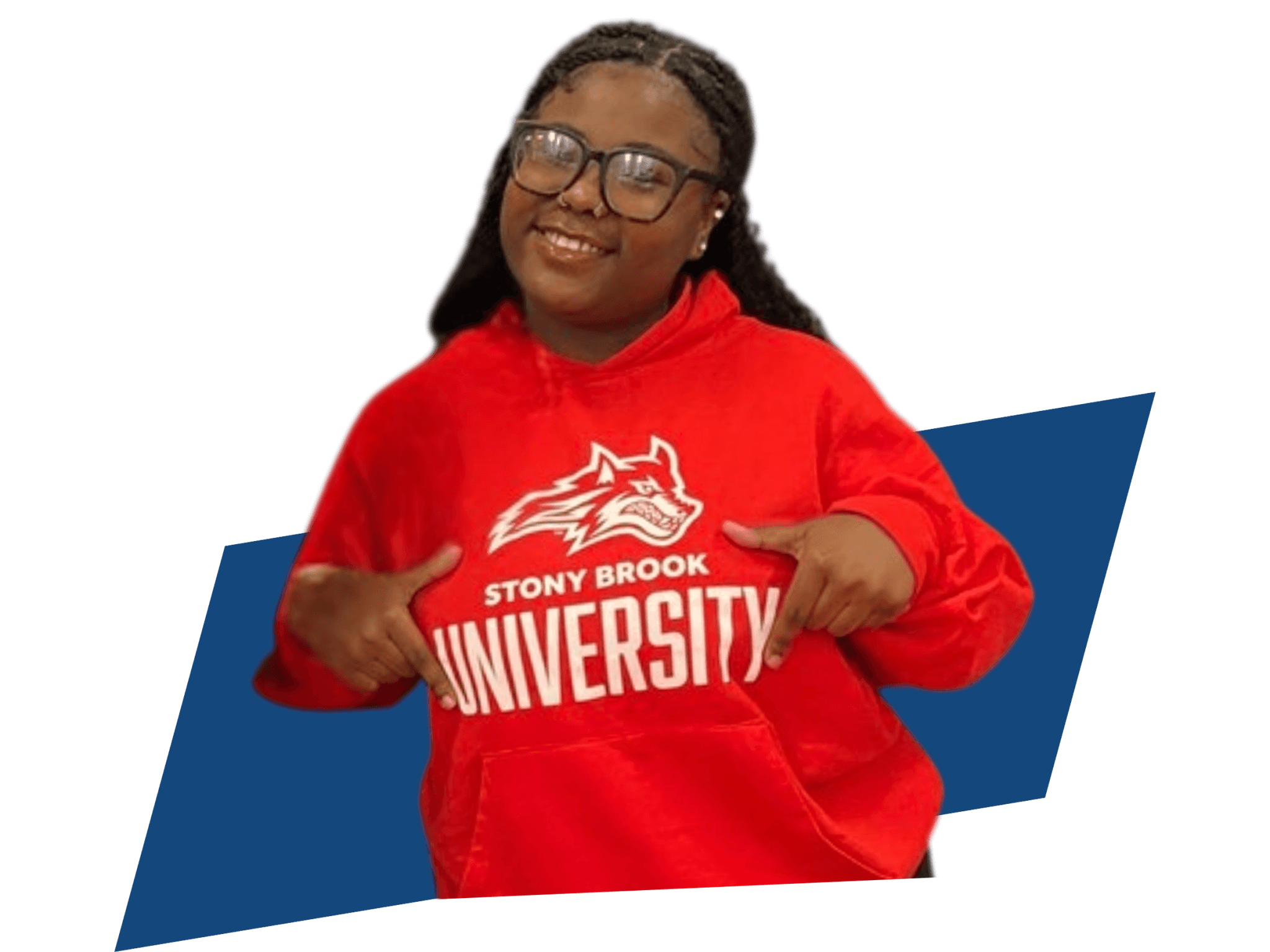 A person smiles and points to a red hoodie with a wolf logo and the words Stony Brook University on the front, showcasing their excitement for college preparation through high school programs.