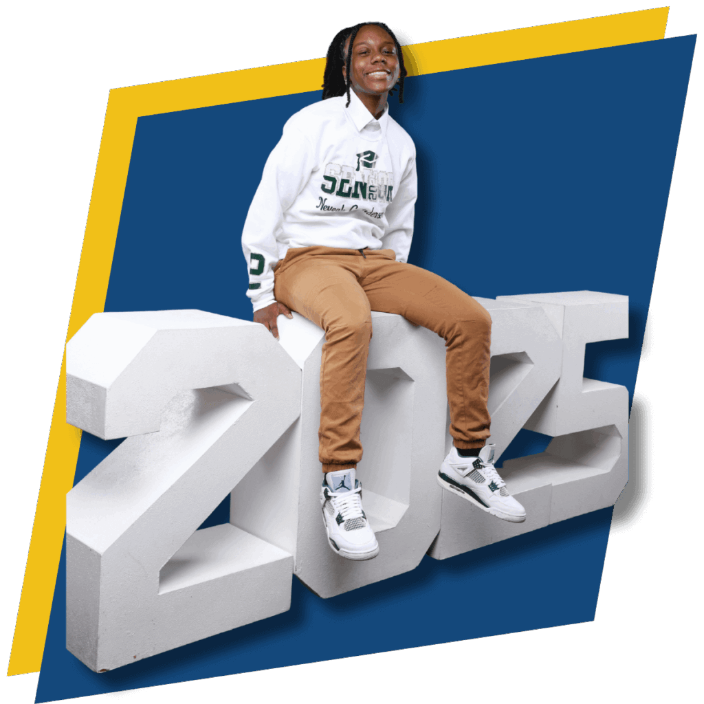 A person wearing a white pullover and tan pants sits on large white numbers reading 2025 against a blue and yellow background, celebrating collegebound month.