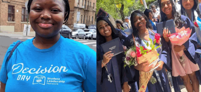 On the left, a young woman in a Decision Day T-shirt stands outside. On the right, she poses in a graduation gown holding flowers with three other graduates.