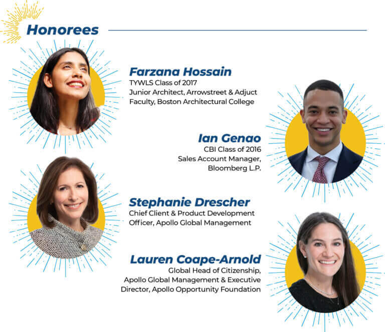 Four honorees are pictured with names, titles, and roles, including professions in architecture, sales, product development, and citizenship leadership at the Student Leadership Network (Em)Power Breakfast.