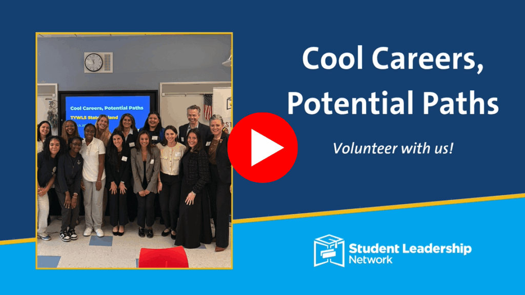 A group of students and adults pose for a photo in a classroom next to a presentation screen; text reads Cool Careers, Potential Paths. Volunteer Week opportunity to get involved