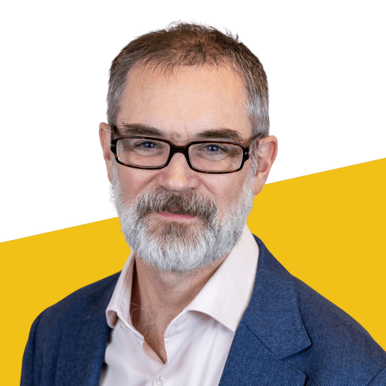 A middle-aged man with gray hair, beard, and glasses, wearing a light pink shirt and blue blazer, poses in front of a white and yellow background—perfect for a Higher Education podcast cover.