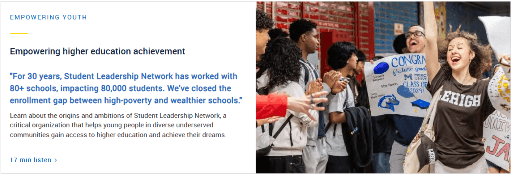 A group of young people celebrate holding college signs, highlighting higher education achievements, with a podcast description on the side