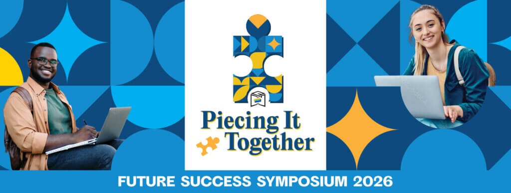 Two students with laptops sit on either side of a puzzle piece logo reading Piecing It Together. The theme refers to making use of gap time from school or work