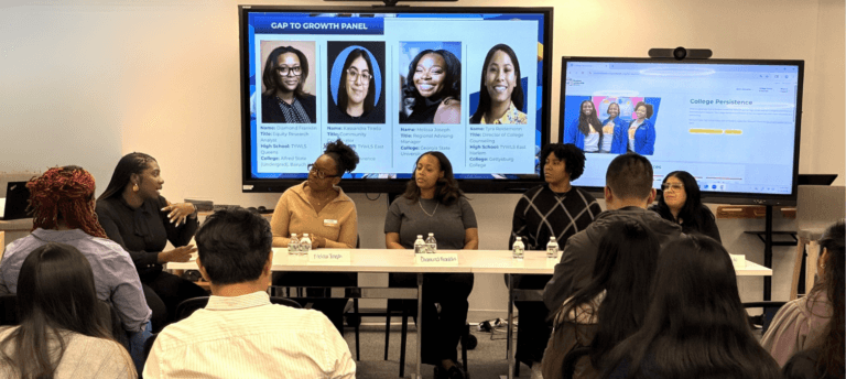 A panel of five speakers sits at a table before an audience; a screen behind them displays their photos and names under the title “Gap to Growth Panel.”.