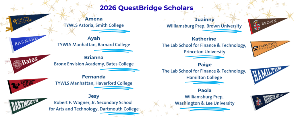 A list of 2026 QuestBridge Scholars with their names, high schools, and the colleges they will attend, shown alongside college pennants and gold star decorations.
