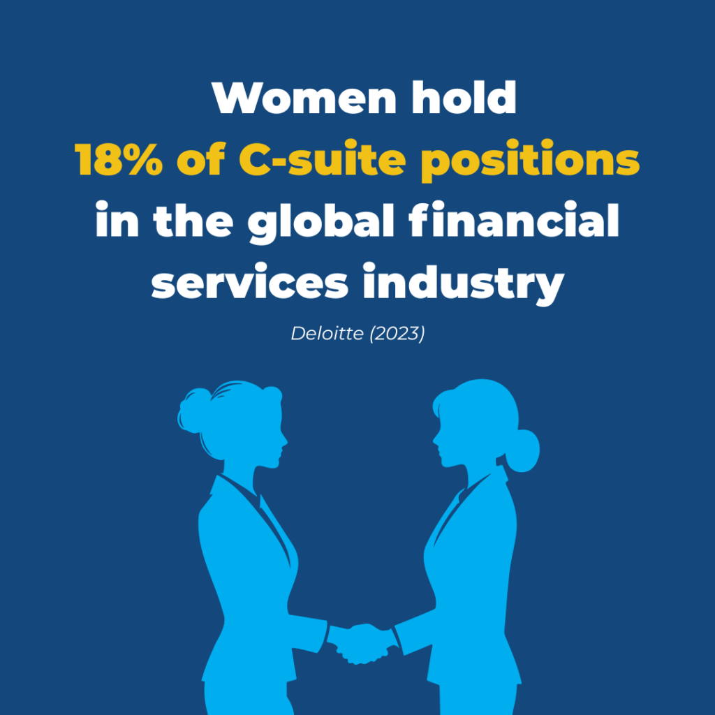 Infographics of two women in business attire shaking hands below text stating women hold 18% of C-suite positions in the global financial services industry, citing Deloitte (2023).