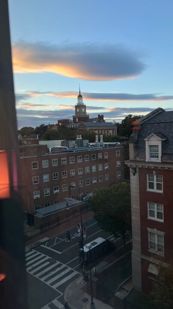 View from a college dorm room window showing Howard University's Founder's Library