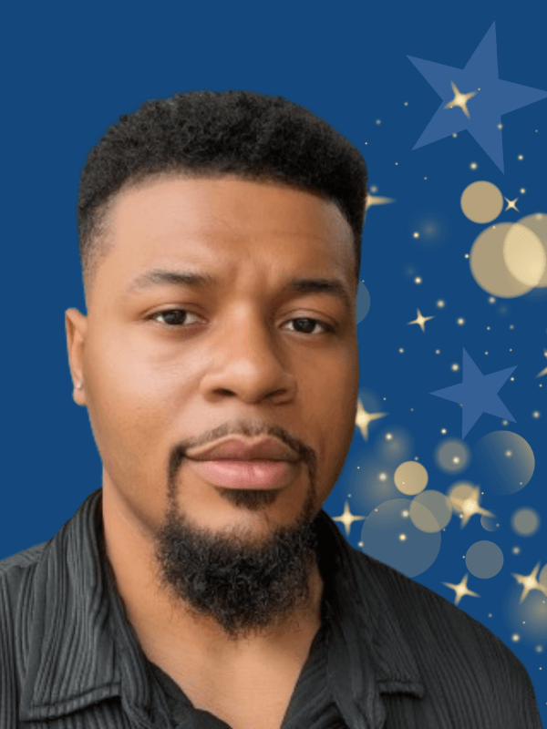 A man with short black hair, a beard, and mustache is in front of a blue background with stars and circles - a design used for Volunteer Appreciation Week content on the page